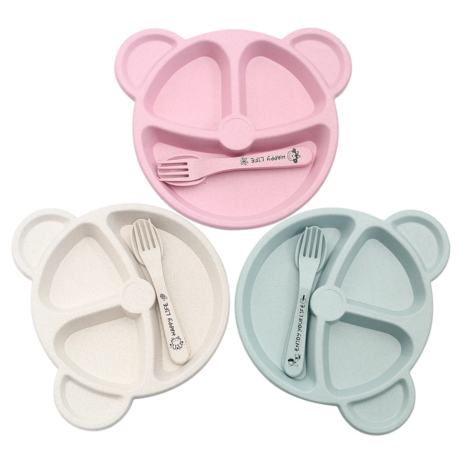 3 шт. набор столовых приборов из бамбука, чаша, ложка, вилка для кормления, набор посуды с милым рисунком панды, Детские тарелки для новорожденных, розовые