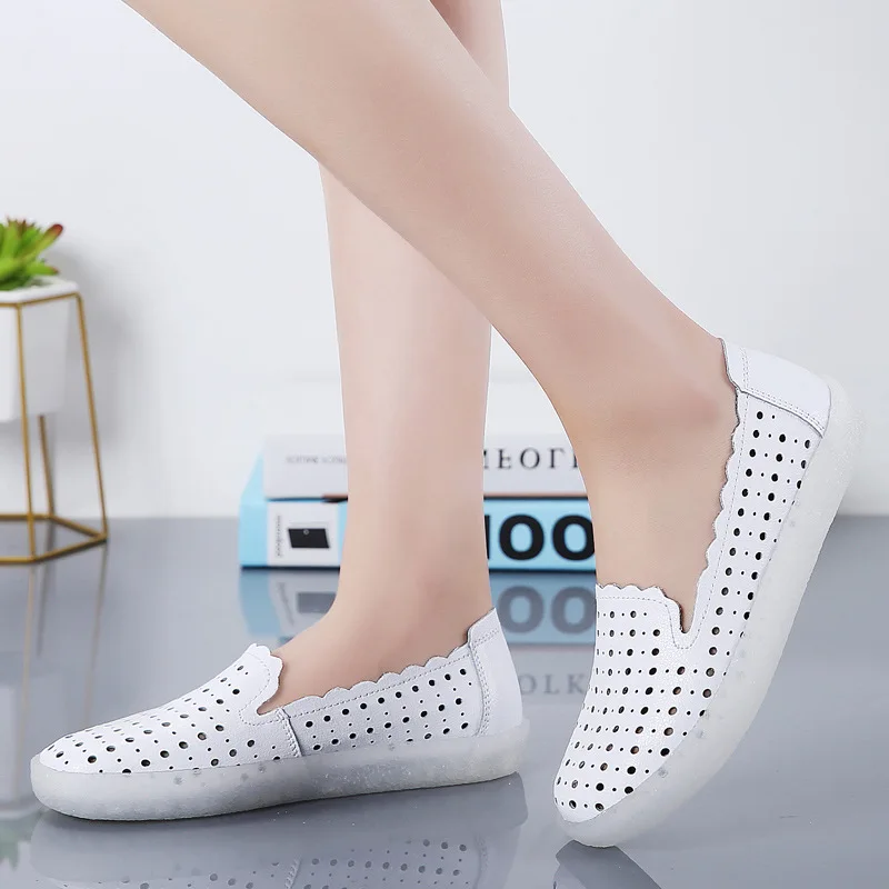 

2019 New Style Fashion Summer Flat Keel Thin Shoes Women's Hollow out WOMEN'S Genuine Leather Shoes Korean-style Slip-on Lazy Wh