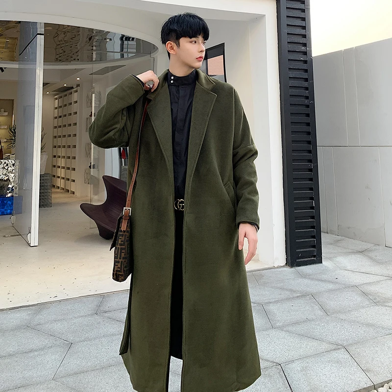 Army green Осень/Зима стиль тонкий длинный сплошной цвет костюм; пальто с воротником пальто свободного покроя модная индивидуальная Молодежная мужская одежда - Цвет: Army green
