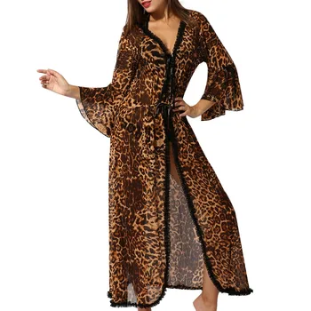 

Sexy Lingerie Nightdress Women Leopard Lace Sleepwear V-neck Tie Up Bathrobe Sexy Nightwear Long Gowns Femme Nighty Sleep Dress