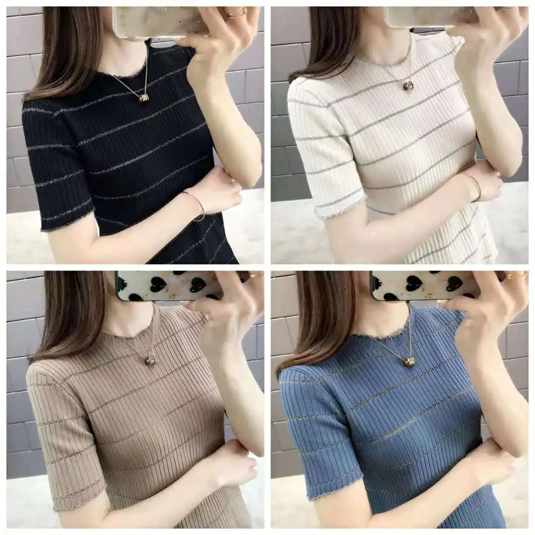 

Short Sleeves T-shirts for Women Summer Slim Ice Silk Knitted Top Women's Stripes Sweet Casual T-shirt