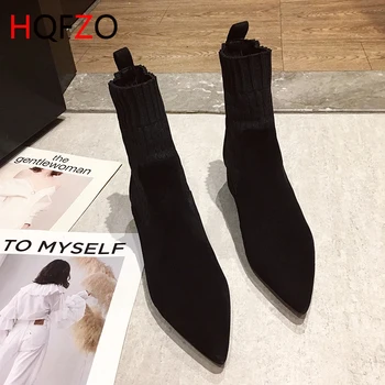 

HQFZO Sexy Pointed Toe Knitting Sock Boots Chunky Heels Ankle Boots For Women Stretch Boots High Heels Booties Slip On Boots