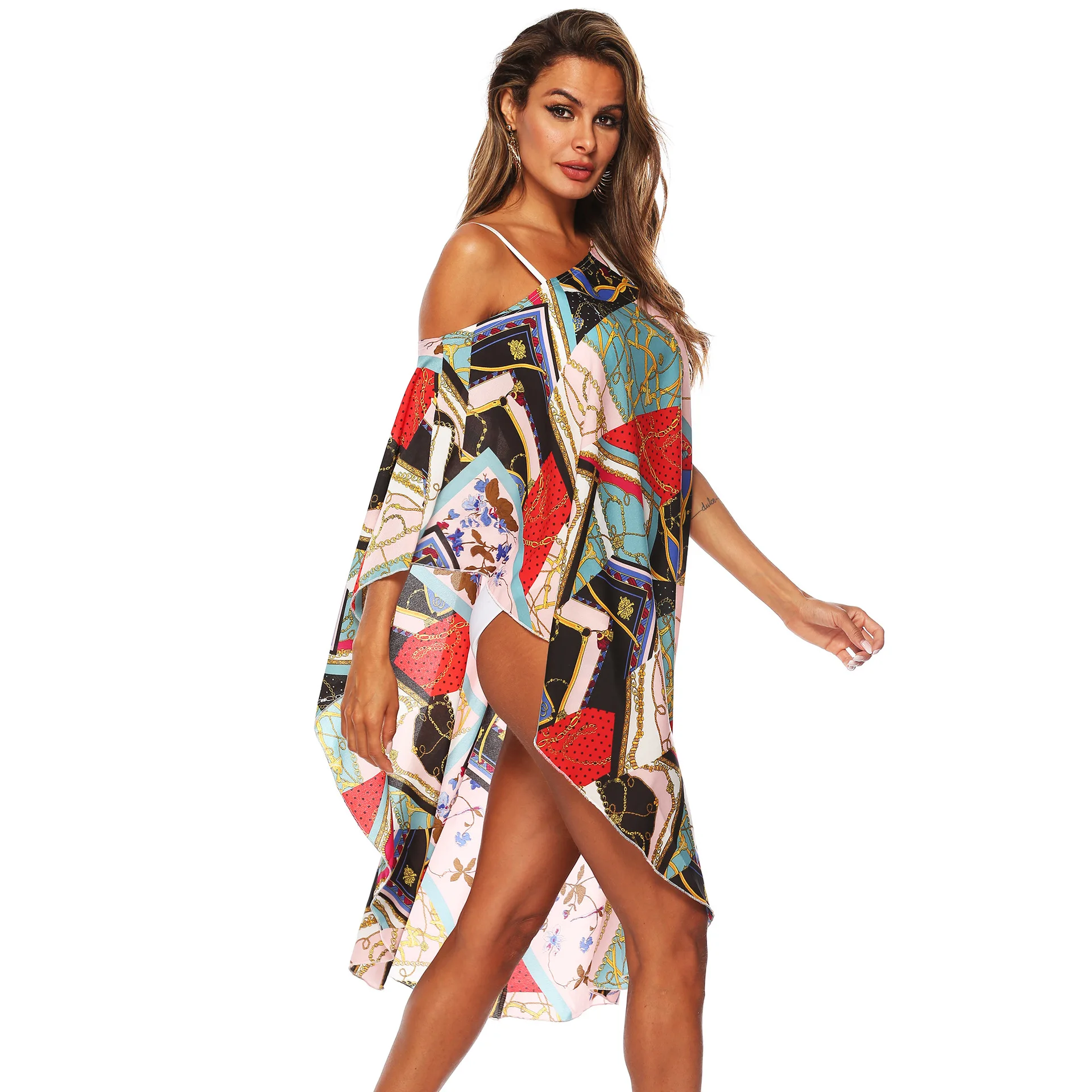 

Vintage Printed Irregular Horizontal Neck off-Shoulder Beach Bikini Cover-up Dress A1969