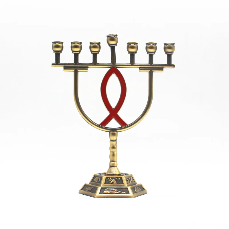 Золотистый Подсвечники Menorah металлический канделябр, держатель для свечей латунь 7 веток 12 племен - Цвет: Золотистый