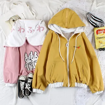 

Harajuku Style Spring Tops College style Cartoon Rabbit Embroidery Hooded Coat Loose Studnts Korean Young Girl Zipper Jacket