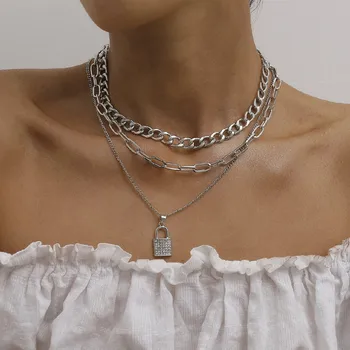 

2Pcs/Set Multi Layer Rhinestone Padlock Pendant Necklace for Female Steampunk Chunky Chain Choker Necklace Collar Jewelry Collie