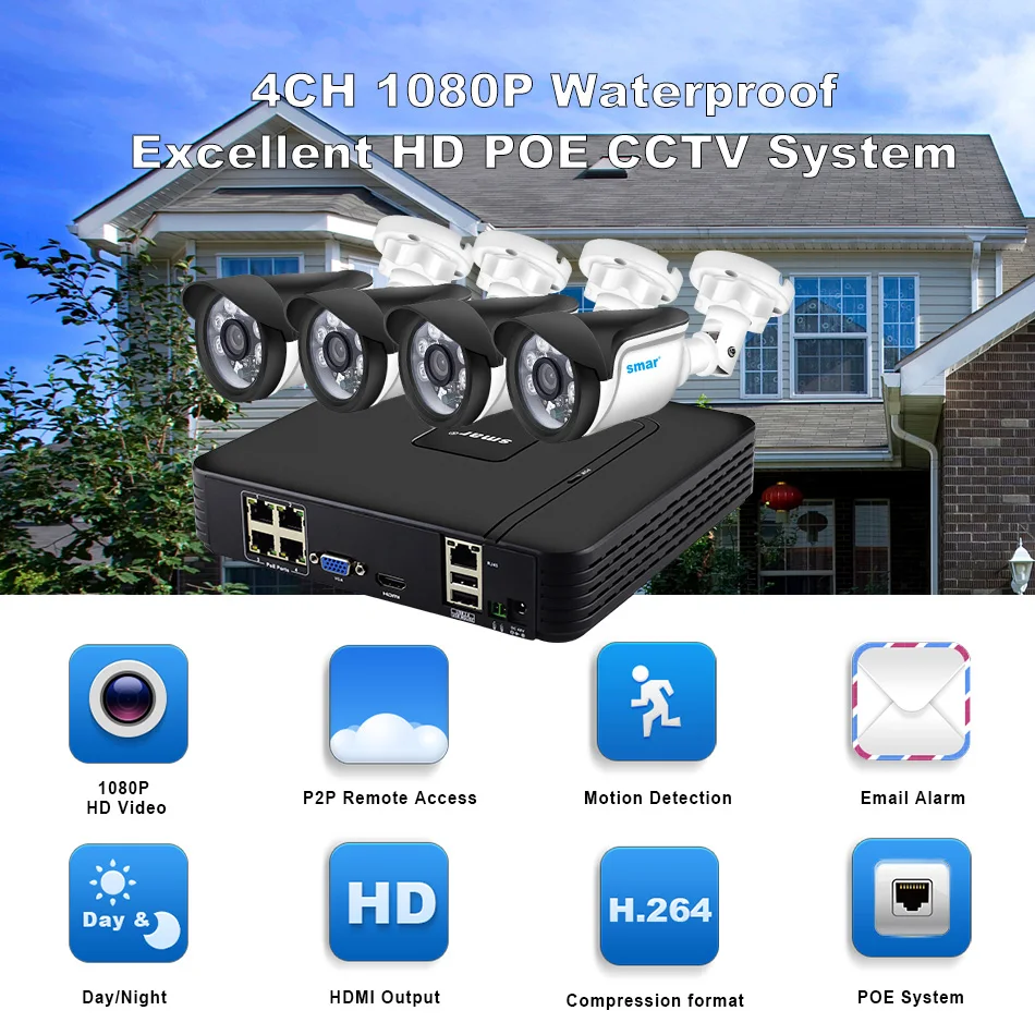 Smar Full HD  4CH 1080P POE 48V NVR CCTV Kit 2PCS4PCS 2MP Outdoor IP Camera Nano IR 4 Channel CCTV System HDMI P2P Email Alarm (1)