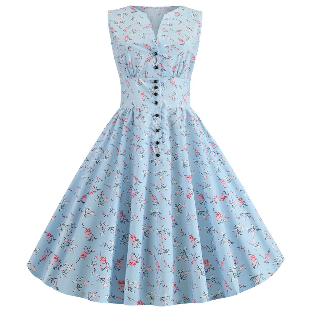 

Summer Dress 2019 Robe Femme Floral Print 50s 60s Retro Vintage Dress Women V-neck Rockabilly Swing Pinup Vestidos Knee Length