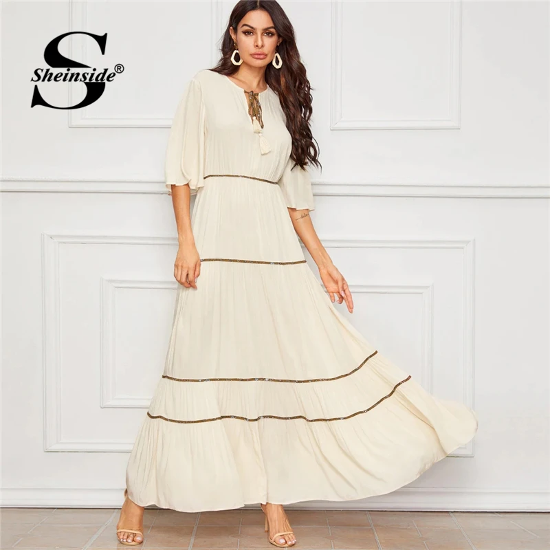 

Sheinside Boho Lace Up Fringe Detail A Line Dress Women 2019 Flounce Sleeve High Waist Maxi Dresses Ladies Layered Pleated Dress