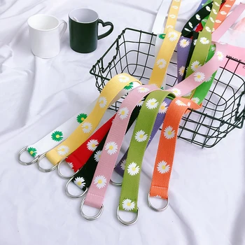 

New Women Canvas Belt Daisy Flower Printed D Ring Belt Wild Student Harajuku Canvas Strap Belt Candy Colors Waistband Fashion
