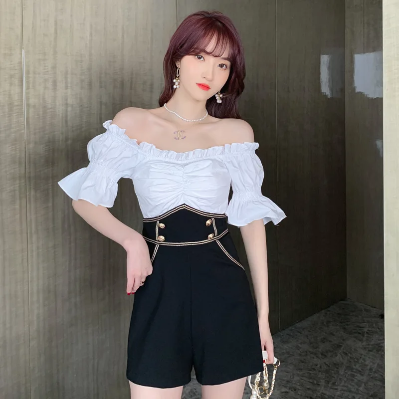 2020 summer new sexy Jumpsuit one shoulder black and white high waist show thin Jumpsuit hot pants Jumpsuit