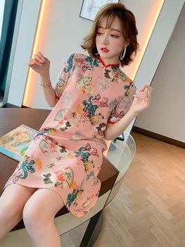 

Trendy Fresh and Graceful Silk Printed Stand Collar Frog Chinese-Style Cheongsam Dress Women's Fashion Summer New
