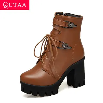 

QUTAA 2020 Metal Decoration Lace Up Zipper Winter Ankle Boots PU Leather Square High Heel Round Toe Casual Women Shoes Size34-43