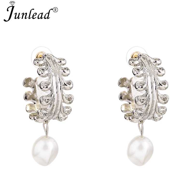 Junlead Fashion ZA Design Gold Round Simulated Pearl Dangle Earrings C Shaped Hoop Statement Drop Earrings for Women Jewelry - Окраска металла: gold