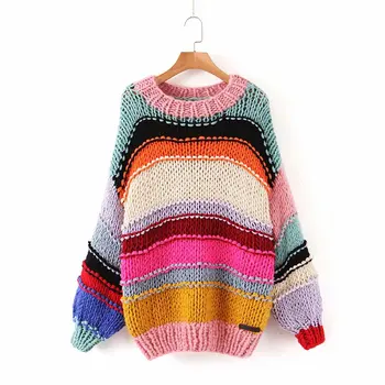 

women color matching knitting sweater 2019 fashion new lasies high O-neck collar long sleeve female autumn highstreet pullover