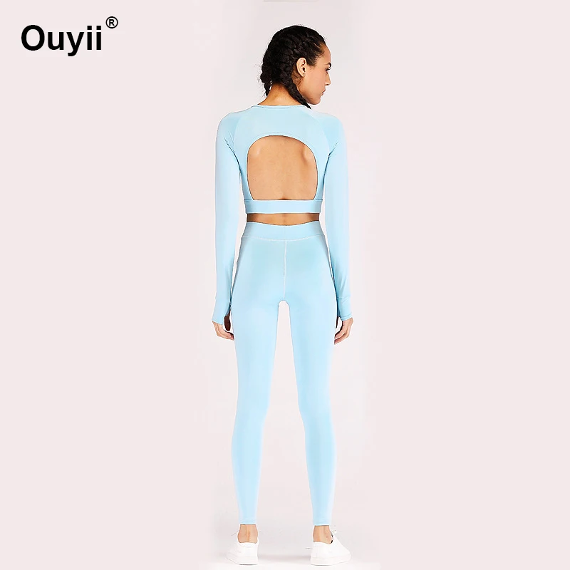 Light blue Женская одежда для фитнеса с длинными рукавами, рубашка, леггинсы, костюм, сексуальный, открытая спина, Йога, костюм для женщин, бодибилдинг, спортивные тренировки, комплект из двух предметов - Цвет: Light blue