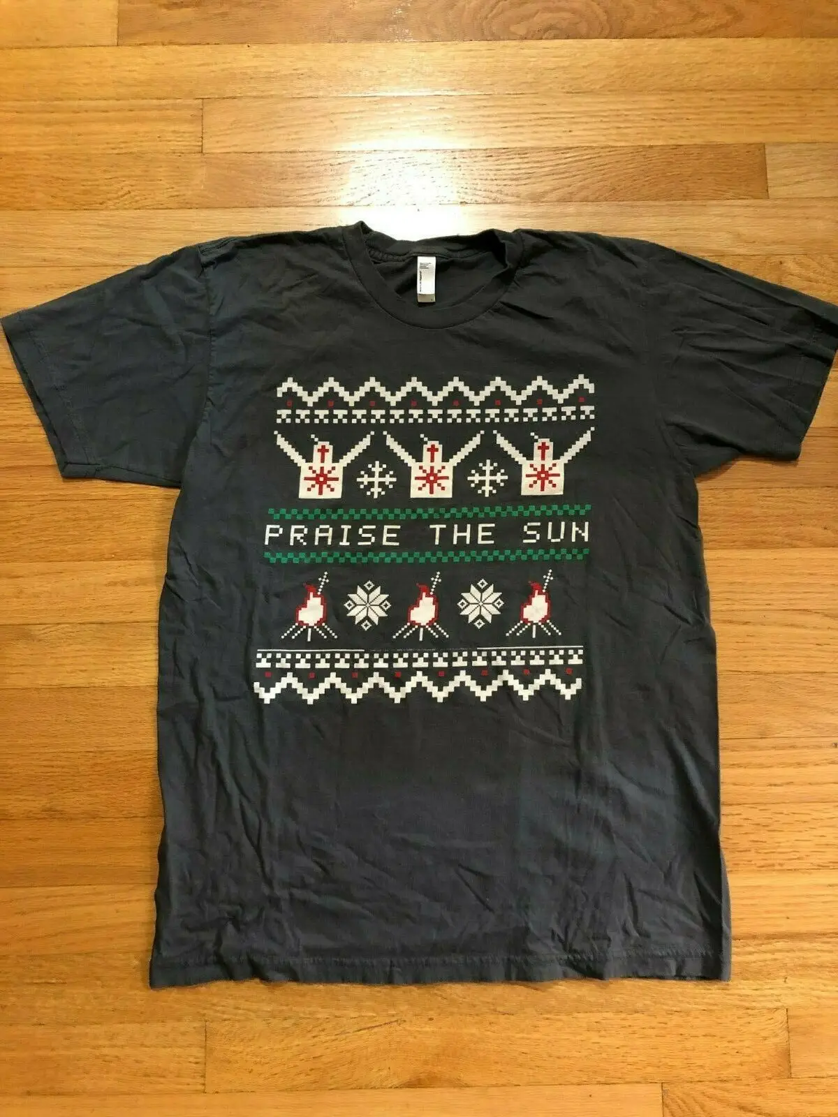 Dark Souls Ugly Xmas T-Shirt - Praise the Sun Grey Size Large Style Vintage Tees Short Sleeve |
