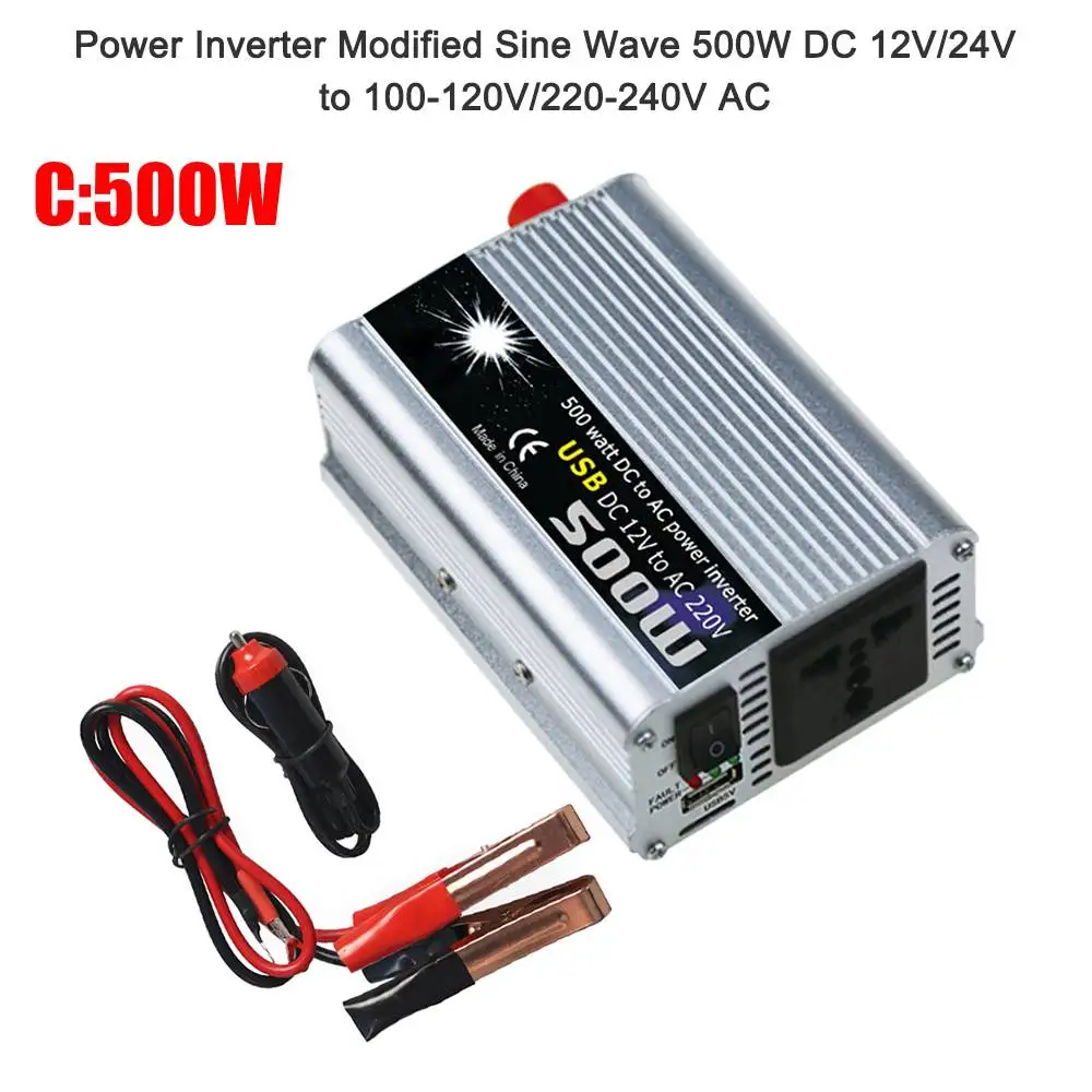 Power Inverter Vehicle Power Converter Universal Modified Sine Wave 500W DC 12V/24V to 100-120V/220-240V AC