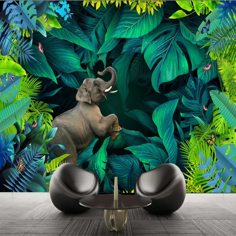 

Dropship Custom 3d Photo Wallpaper Wall Mural Tropical Rainforest Green Plant Animal Elephant Children Room Living Room Mural