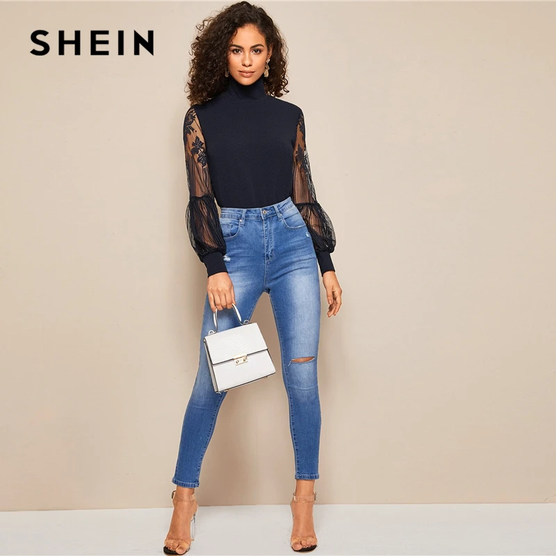 SHEIN Однотонный Топ С Прозрачными Рукавами Сексуальная Блузка Ажурными