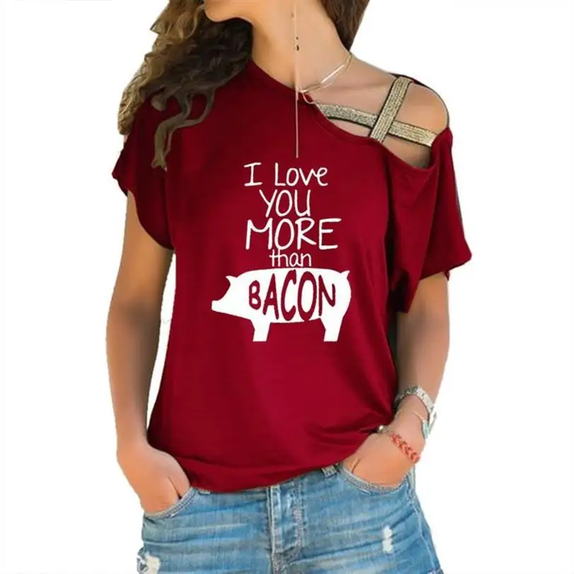 New Arrival Cross Bandage T-Shirt For Women I Love You More Than Bacon Letters Print Plus Size Cotton T-Shirt Harajuku Casual