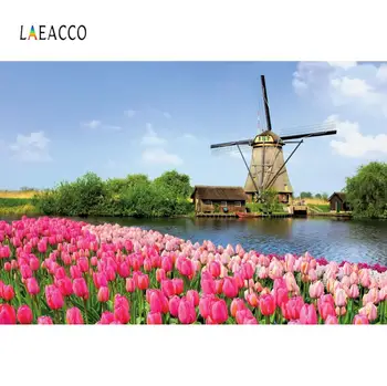 

Laeacco Spring Flowers Garden Park Windmill Scenic Customize Photographic Backgrounds For Photography Backdrops For Photo Studio