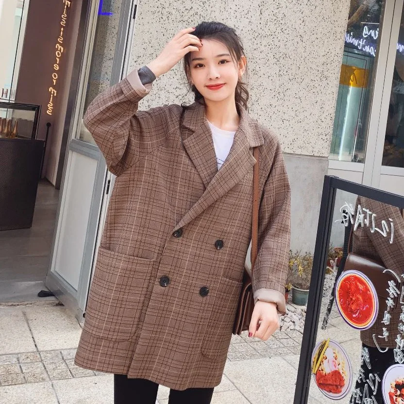 

2019 Retro Plaid Small Suit WOMEN'S Coat Korean-style 2019 Spring New Style Ol Retro Loose-Fit Mid-length Suit