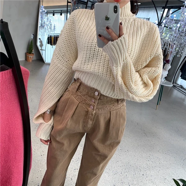 Бежевый RUGOD Korean solid sweater women elegant lantern sleeve single-breasted turtleneck pullover Fashion auturm women clothes - Цвет: Бежевый