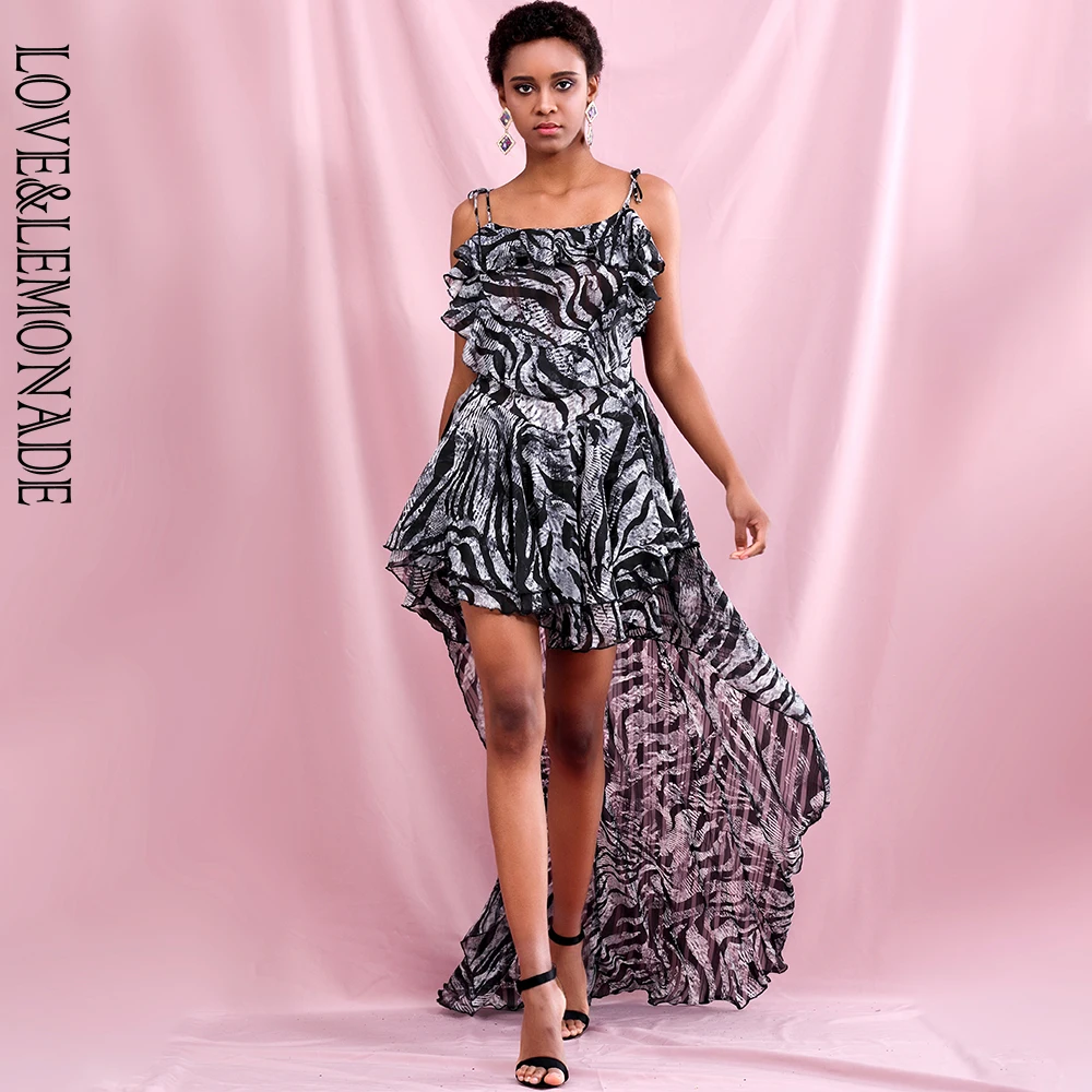 

LOVE & LEMONADE Sexy Sling Square Collar Gary Laminated Ruffled Trailing Chiffon Print Summer Dress LM82340