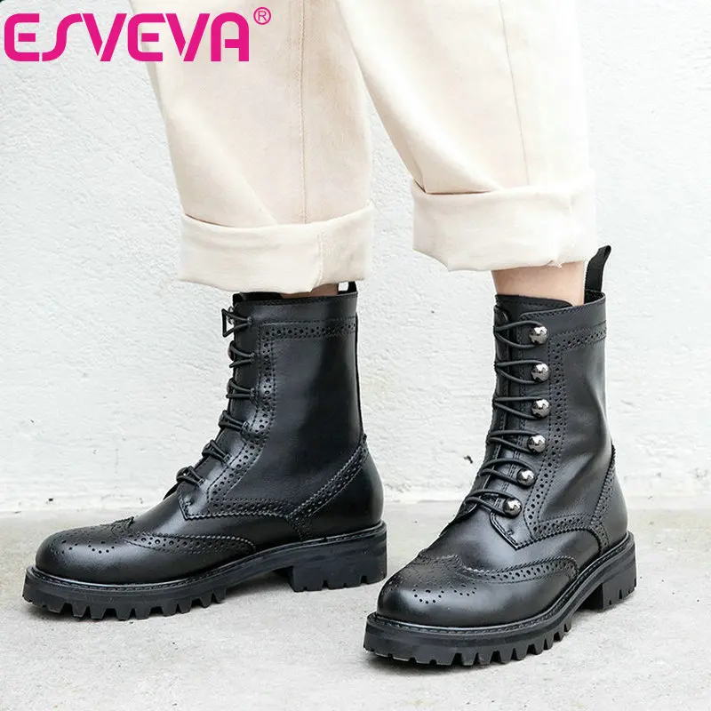 

ESVEVA 2020 Women Shoes Winter Ankle Boots Western Round Toe Leather+PU Lace Up Square Low Heel Motorcycle Boot Size 34-39