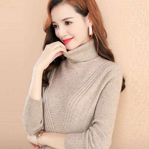 

FMFSSOM Spring Autumn Turtle-Neck Solid Casual Elegant Slim Long Sleeve Knitted Warm Soft Women Lady Female Pulover Sweater