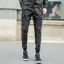 Камуфляж jogger кожаные штаны для мужчин Мульти Карманы армейский зеленый черный плюс Размеры 33 34 36 хип-хоп стиль