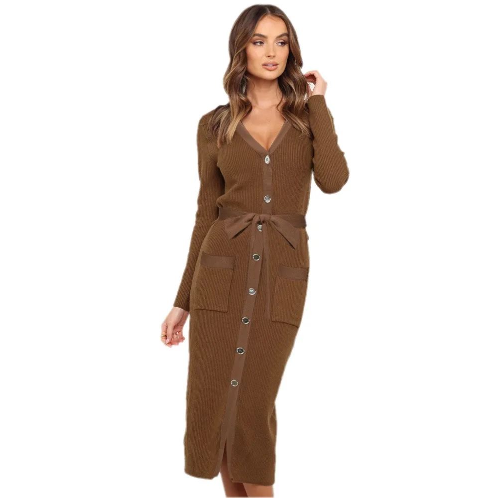 Winter Knit Sweater Long-Sleeved Dress Ladies Sexy V-Neck Waist Slimming Bag Hip Long Skirt Solid Color Casual Women