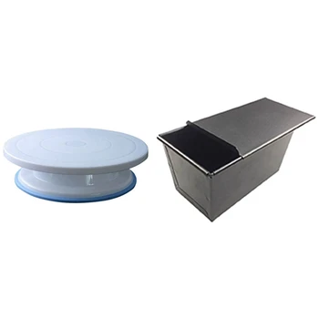 

1 Set Manual Rotary Round Cake Rotary Turntable Set 1Pcs Non-Stick Bread Loaf Meatloaf Pan with Lid Iron Toast Mold