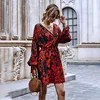 Autumn Winter Casual High Wasit Print Dress Women 2022 New V-neck Lace Up Full Sleeve Above Knee Dress ► Photo 3/6