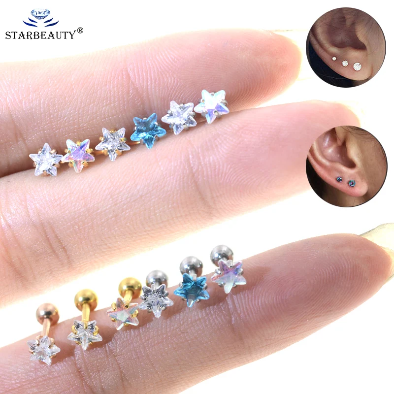 1Pair Star AB Clear Gem Surgical steel Tiny Hoop Earring Cz Tragus Daith Rook Cartilage Ear Piercing Jewelry