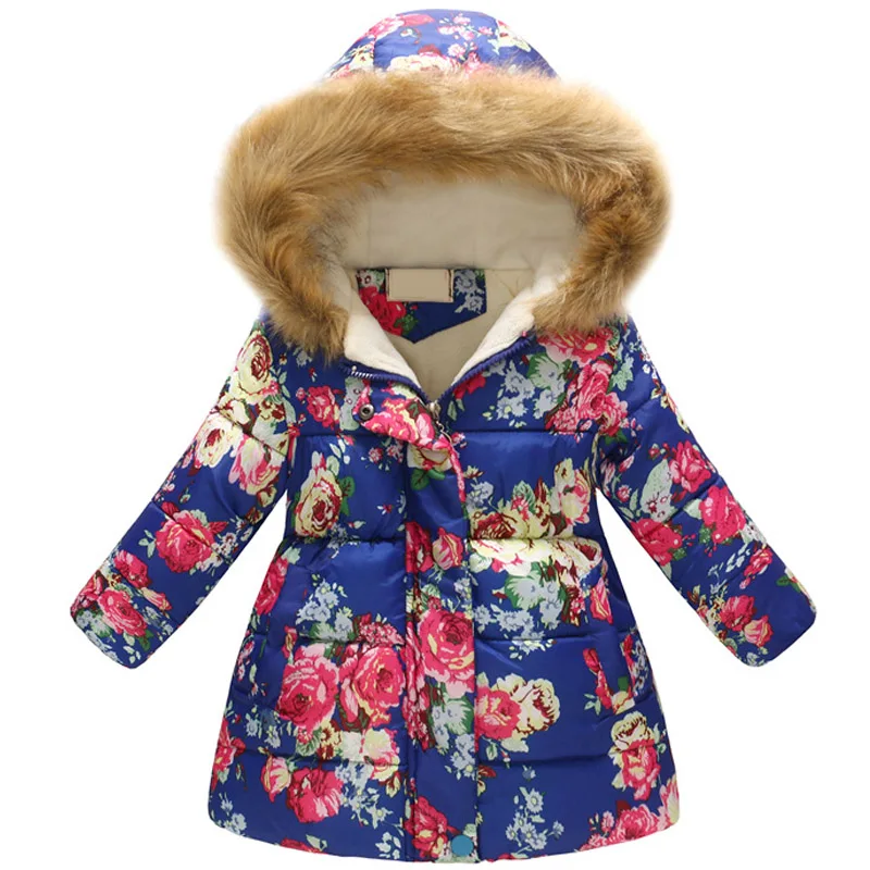 Новые пальто и куртки с большим воротником для девочек детское пальто с воротником из искусственного меха для маленьких девочек, зимняя верхняя одежда для девочек - Цвет: Dark blue