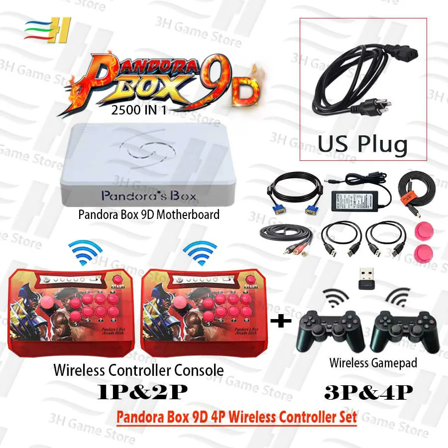 4P red wireless US Pandora Box 9D 2500 В 1 4 игрока беспроводной контроллер Набор беспроводной аркадный контроллер и геймпад 3d mortal kombat plug and play - Цвет: 4P red wireless US