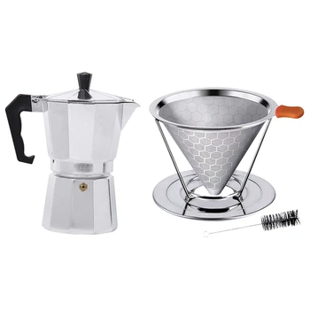 

1pcs Honeycombed Stainless Steel Coffee Filter & 1pcs Aluminum Moka Espresso Coffee Maker/Percolator Pot Tool 50Ml