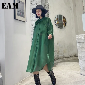 

[EAM] Women Green Organza Perspective Big Size Shirt Dress New Lapel Short Sleeve Loose Fit Fashion Spring Summer 2020 1T838