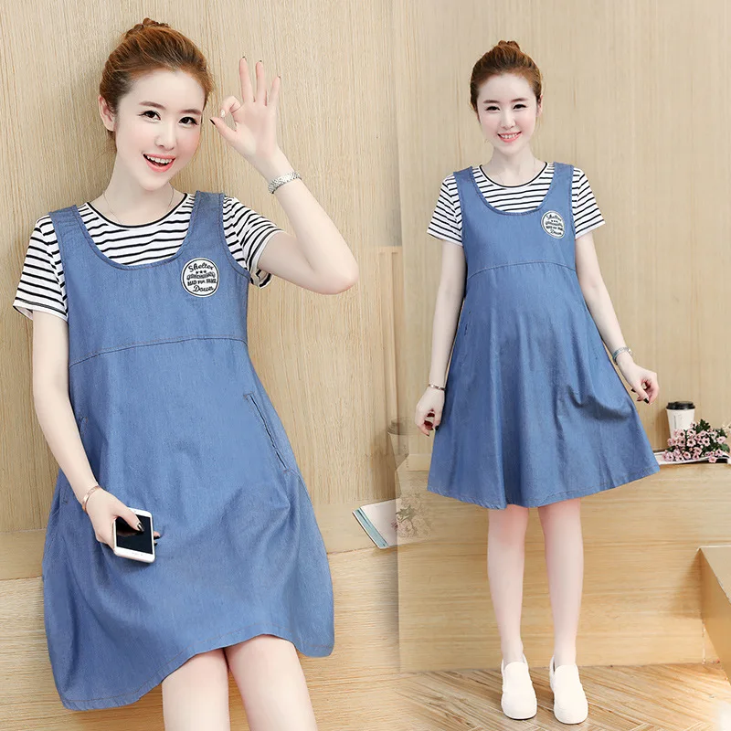 

Maternity Clothes Summer Skirt Fashion Models 2020 New Style Short Sleeve Mid-length Loose-Fit Denim Skirt Pregnant Women Dress