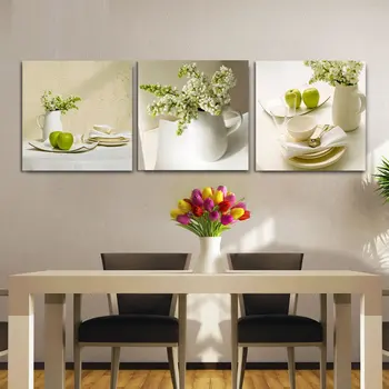 

3 Piece White Tableware And Flower Canvas Painting Dinning Kitchen Room Wall Decor Pictures Restaurant Cafe Wall Art No Frame