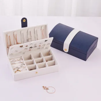 

Korea style Pu Leather Jewelry Box Earrings Necklaces Rings Organizer 2 layer Pink White blue travelling Portable Storage Cases