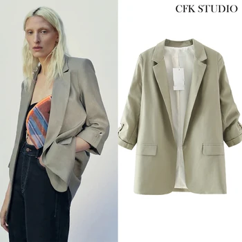 

ANZA Women Autumn Blazer With Turn-down Collar Solid Long Sleeve Outwear Jacket Femme Casual Loose Green Coat