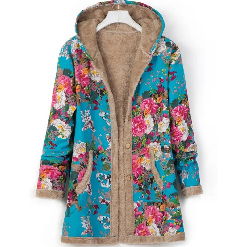 

Winter Women's Women's Fashion Cotton And Linen Printed Long-sleeved Warm Plush Jacket Qm*