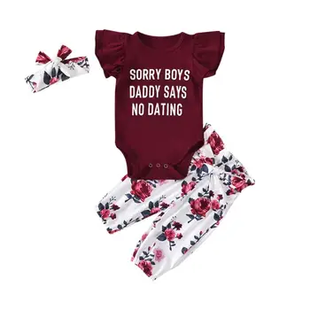 

Baby Girls Flare Sleeve Letter Print Romper+ Floral Trousers+ Headband Outfits New Arrival