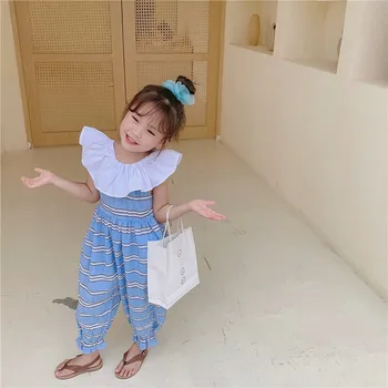 

New children's clothing fashion striped lotus leaf collar baby jumpsuit girls straps pants