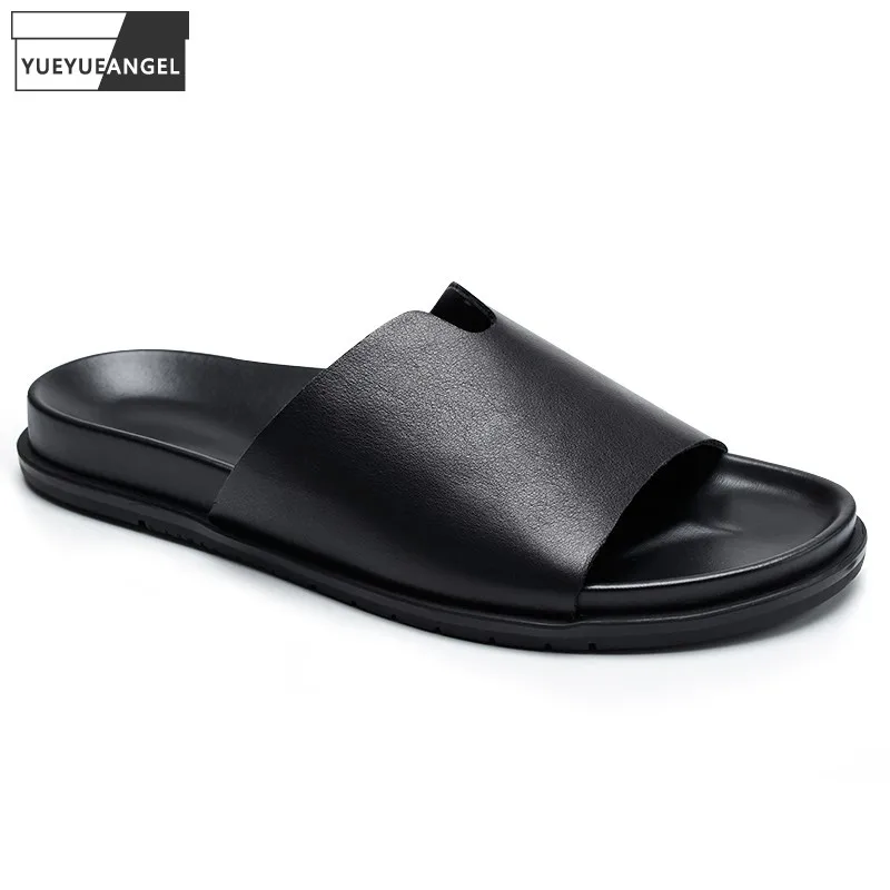 

Summer Casual Mens Slides Shoes Genuine Leather Slippers Slip On Open Toe Black Bathroom Antiskid Flats Outside Beach Slippers