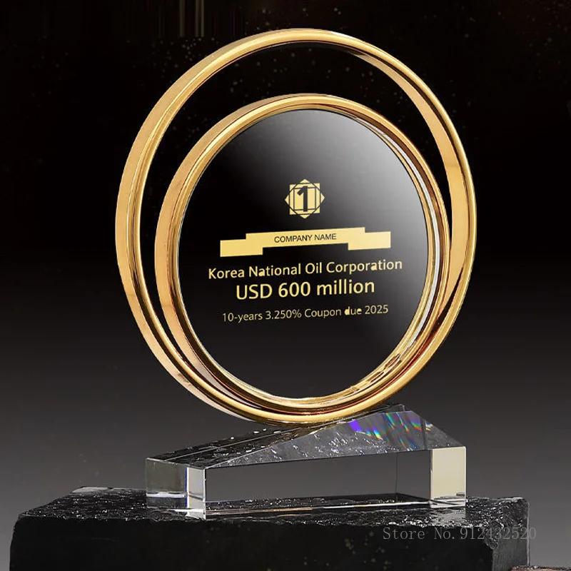 Custom Metal Double Circle Crystal Trophy, Electroplating Gold, Creative Award, Wedding Souvenir, Black Base