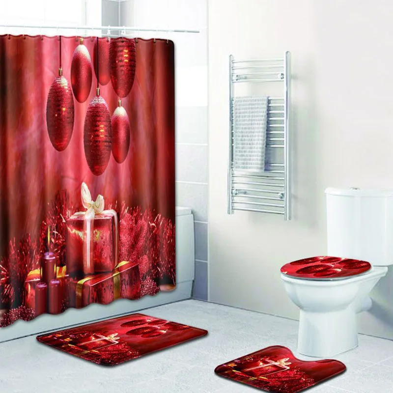 

4pcs/set Christmas Tree 3D Print Bathroom Shower Curtain Polyester Waterproof Carpet Toilet Seat Cover Anti-slip Bath Mat Home